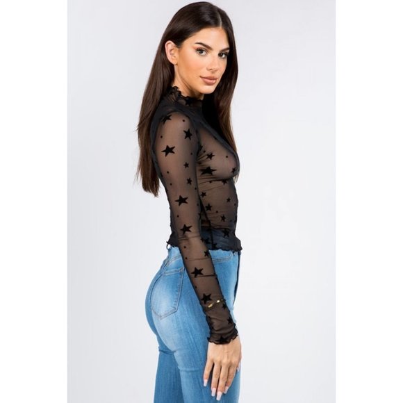 Bear Dance Womens Sheer Mesh Black Long Sleeve Crop Top - Picture 2 of 4